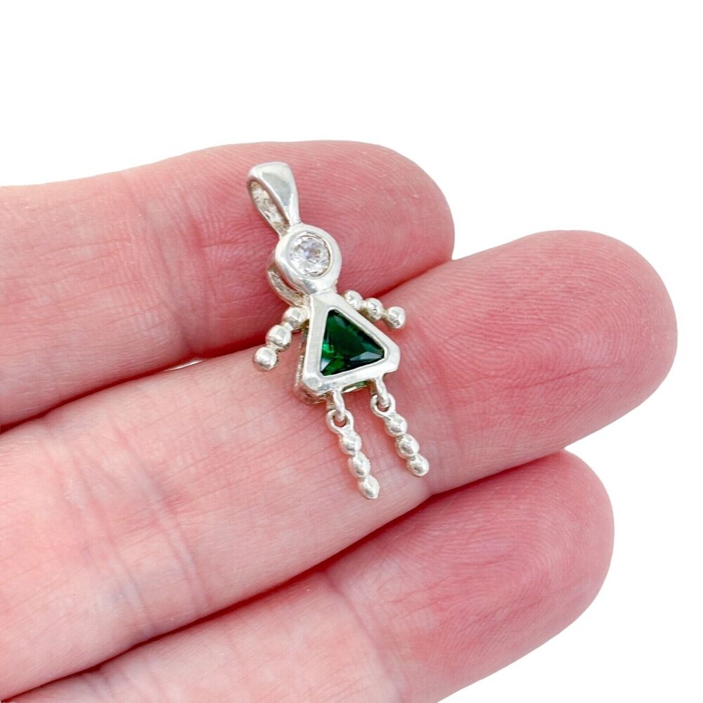 Estate Sterling Silver 925 Green Cubic Zirconia Girl Pendant
